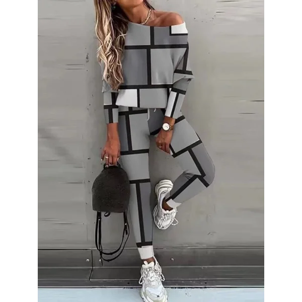 Kadın Kayık Yaka Kare Desenli alaş Bluz Ve Yüksek Bel Pantolon