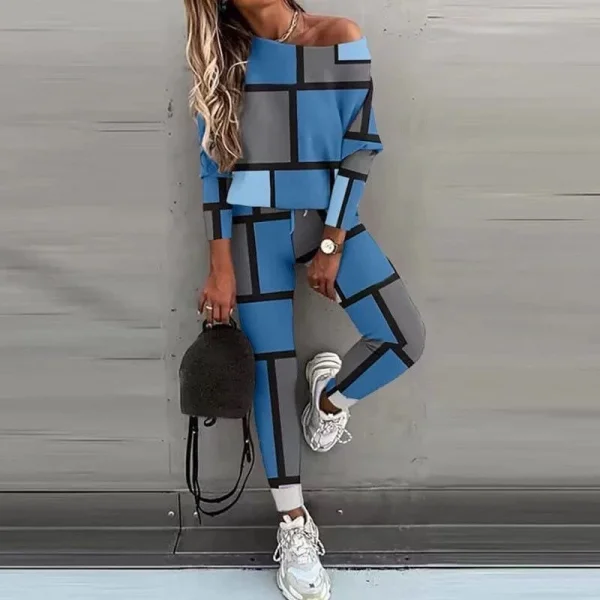 Kadın Kayık Yaka Kare Desenli alaş Bluz Ve Yüksek Bel Pantolon