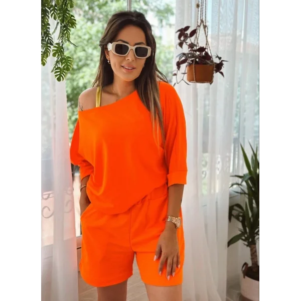 Kadın Kayık Yaka Oversize Asimetrik Bluz Ve şort Iki Iplik Takım