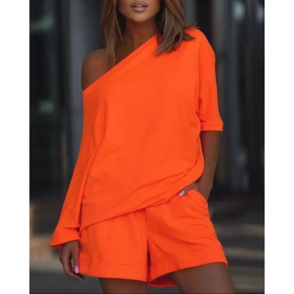 Kadın Kayık Yaka Oversize Asimetrik Bluz Ve şort Iki Iplik Takım