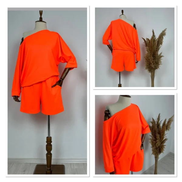 Kadın Kayık Yaka Oversize Asimetrik Bluz Ve şort Iki Iplik Takım