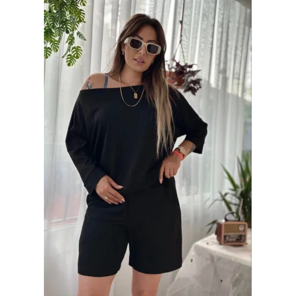 Kadın Kayık Yaka Oversize Asimetrik Bluz Ve şort Iki Iplik Takım