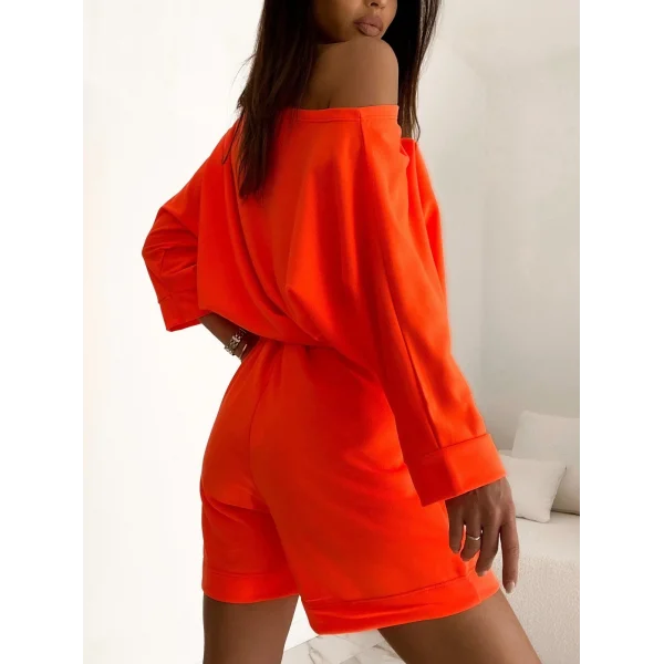 Kadın Kayık Yaka Oversize Asimetrik Bluz Ve şort Iki Iplik Takım