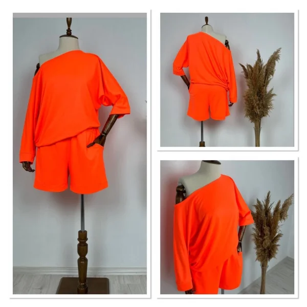 Kadın Kayık Yaka Oversize Asimetrik Bluz Ve şort Iki Iplik Takım