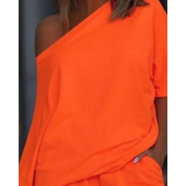 Kadın Kayık Yaka Salaş Iki Iplik Bluz Ve şort Ikili Takım