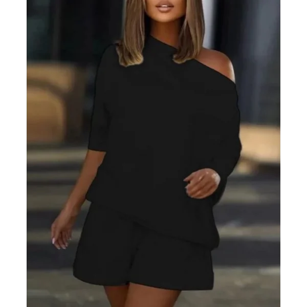 Kadın Kayık Yaka Salaş Iki Iplik Bluz Ve şort Ikili Takım