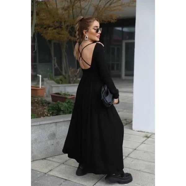 Kadın Kayık Yaka Sırt Dekoltesi Ve Yırtmaç Detay Maxi Boy Elbise