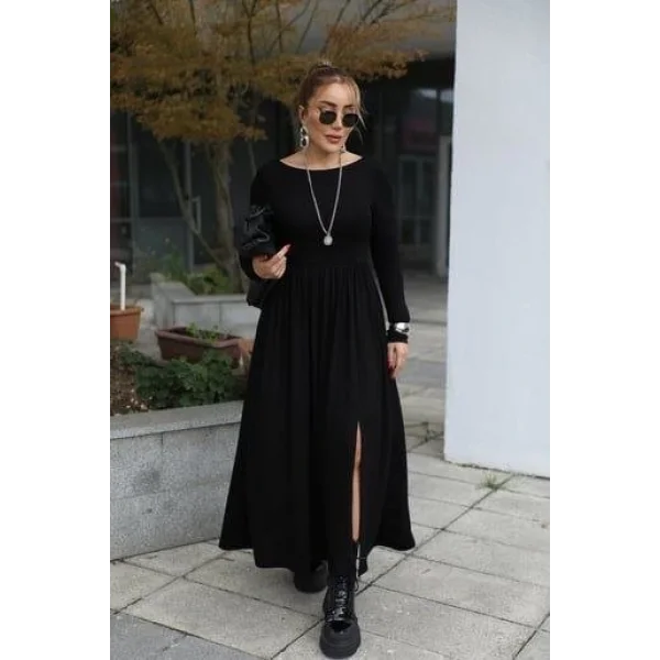 Kadın Kayık Yaka Sırt Dekoltesi Ve Yırtmaç Detay Maxi Boy Elbise