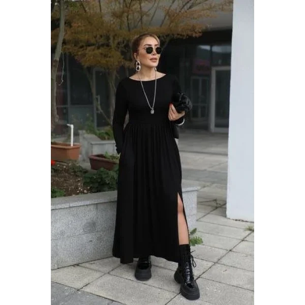 Kadın Kayık Yaka Sırt Dekoltesi Ve Yırtmaç Detay Maxi Boy Elbise