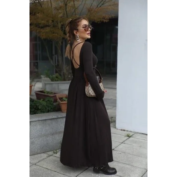 Kadın Kayık Yaka Sırt Dekoltesi Ve Yırtmaç Detay Maxi Boy Elbise