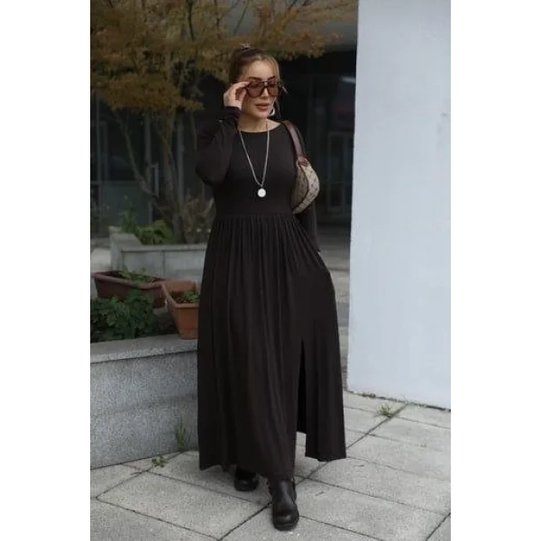 Kadın Kayık Yaka Sırt Dekoltesi Ve Yırtmaç Detay Maxi Boy Elbise