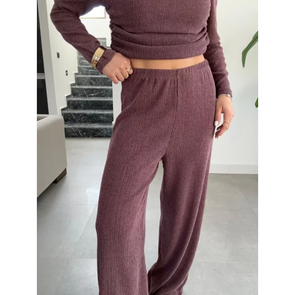 Kadın Kayık Yaka Yanı Büzgülü Omuz Dekolteli Bluz Ve  alaş Ispanyol Paça Pantolon Ikili Takım