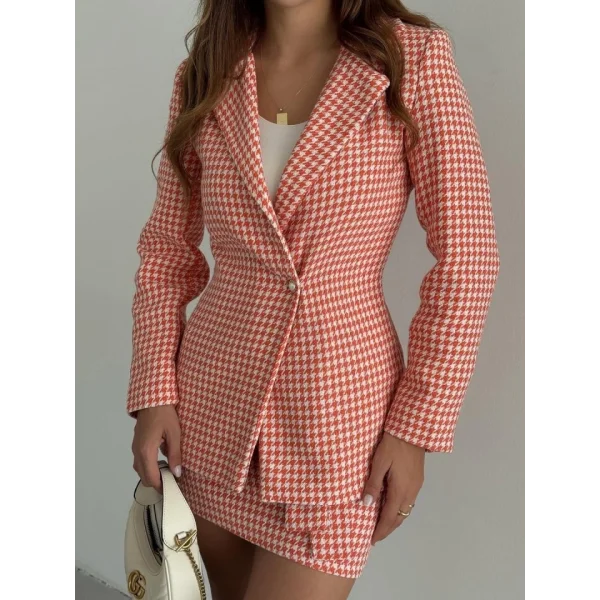 Kadın Kaz Ayağı Desenli Kemerli, Astarlı Vatkalı Ceket 3 Lü Takım