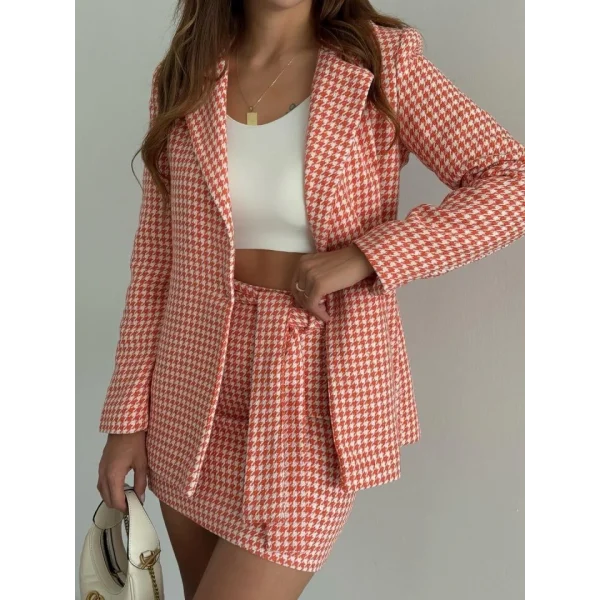 Kadın Kaz Ayağı Desenli Kemerli, Astarlı Vatkalı Ceket 3 Lü Takım