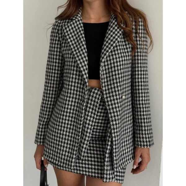 Kadın Kaz Ayağı Desenli Kemerli, Astarlı Vatkalı Ceket 3 Lü Takım