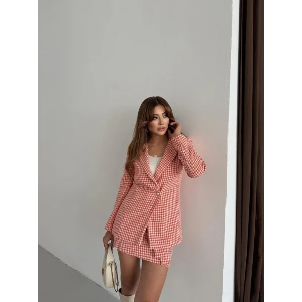 Kadın Kaz Ayağı Desenli Kemerli, Astarlı Vatkalı Ceket 3 Lü Takım