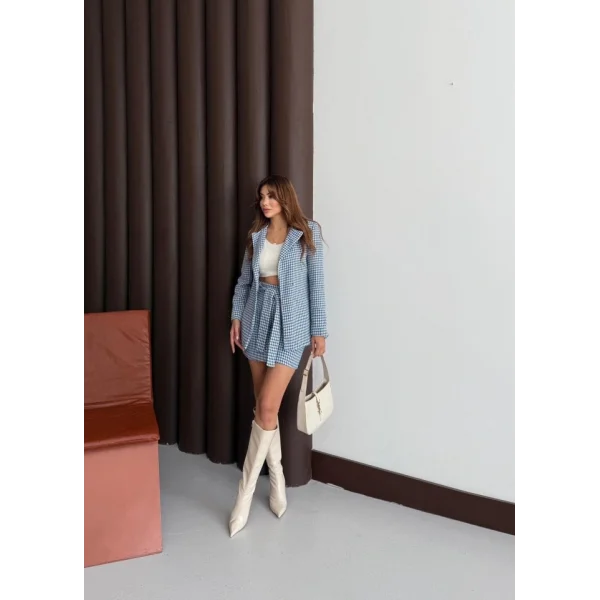 Kadın Kaz Ayağı Desenli Kemerli, Astarlı Vatkalı Ceket 3 Lü Takım