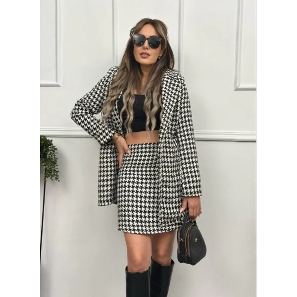 Kadın Kazayağı Desen Vatka Detay Kaban Ve Yüksek Bel Etek Ikili Takım