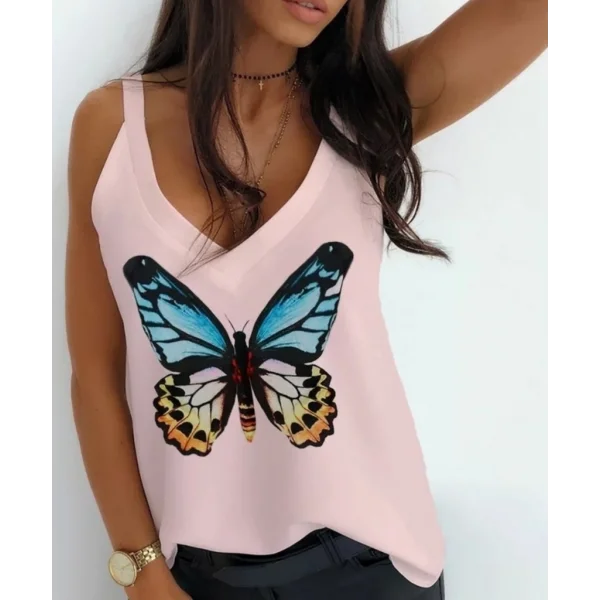 Kadın Kelebek Baskılı Sandy Kumaş Askılı Bluz