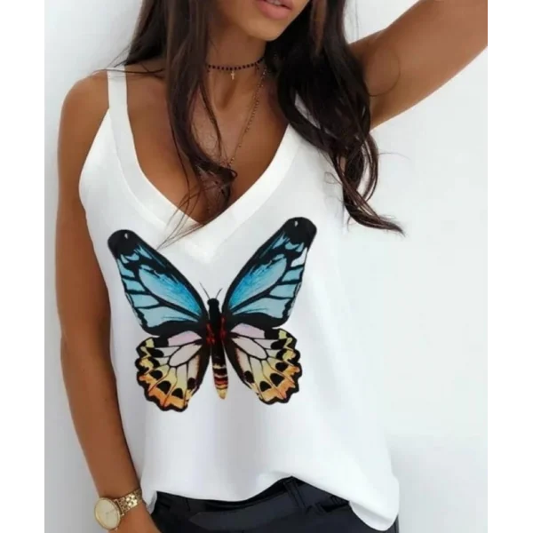 Kadın Kelebek Baskılı Sandy Kumaş Askılı Bluz