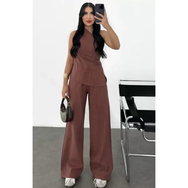 Kadın Keten Asimetrik Tek Omuzlu Bluz Pantalon Takım- Bordo