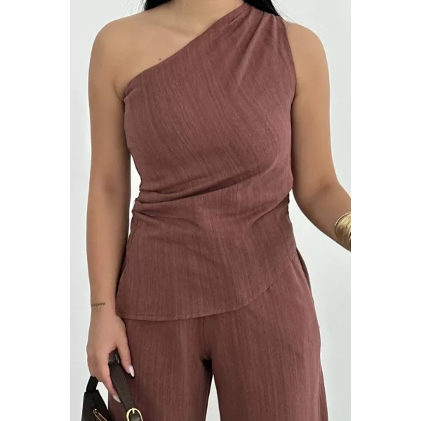 Kadın Keten Asimetrik Tek Omuzlu Bluz Pantalon Takım- Bordo