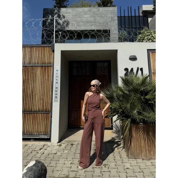 Kadın Keten Asimetrik Tek Omuzlu Bluz Pantalon Takım- Bordo