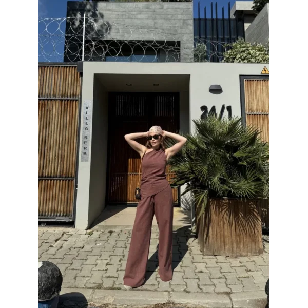 Kadın Keten Asimetrik Tek Omuzlu Bluz Pantalon Takım- Bordo