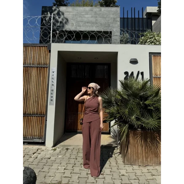 Kadın Keten Asimetrik Tek Omuzlu Bluz Pantalon Takım- Bordo