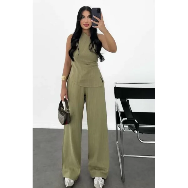 Kadın Keten Asimetrik Tek Omuzlu Bluz Pantalon Takım- Su Yeşili