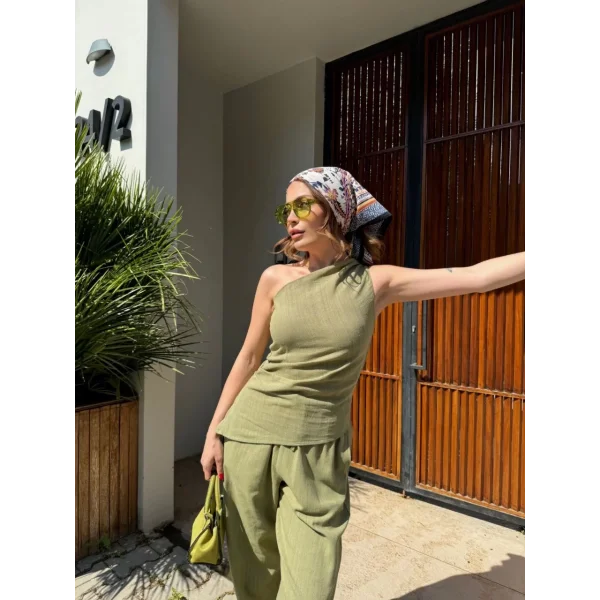 Kadın Keten Asimetrik Tek Omuzlu Bluz Pantalon Takım- Su Yeşili