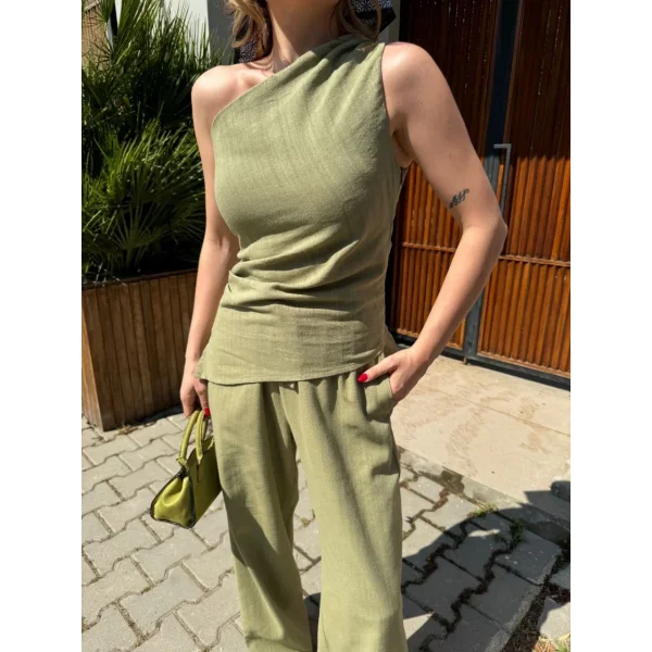Kadın Keten Asimetrik Tek Omuzlu Bluz Pantalon Takım- Su Yeşili