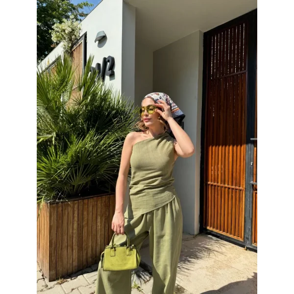 Kadın Keten Asimetrik Tek Omuzlu Bluz Pantalon Takım- Su Yeşili
