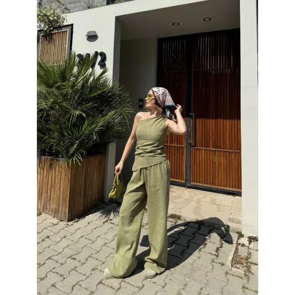 Kadın Keten Asimetrik Tek Omuzlu Bluz Pantalon Takım- Su Yeşili