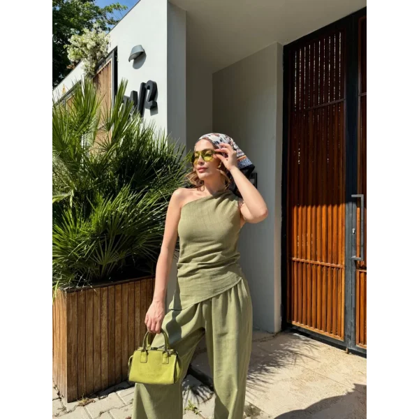 Kadın Keten Asimetrik Tek Omuzlu Bluz Pantalon Takım- Su Yeşili
