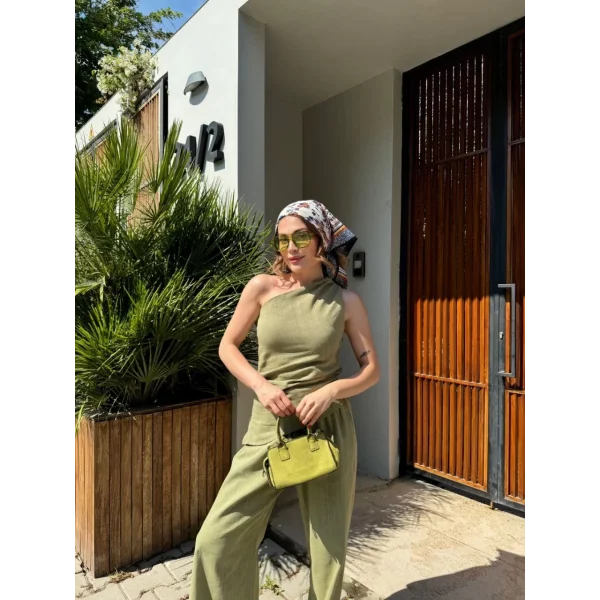 Kadın Keten Asimetrik Tek Omuzlu Bluz Pantalon Takım- Su Yeşili