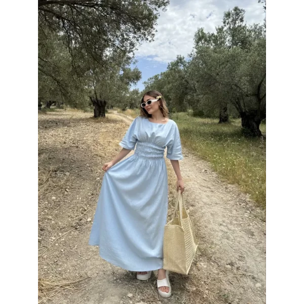 Kadın Keten Kısa Kollu uzun Elbise - Bebek Mavisi