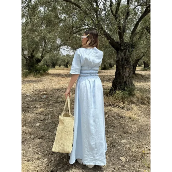 Kadın Keten Kısa Kollu uzun Elbise - Bebek Mavisi