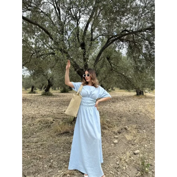 Kadın Keten Kısa Kollu uzun Elbise - Bebek Mavisi