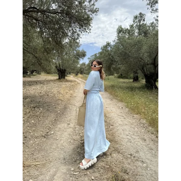 Kadın Keten Kısa Kollu uzun Elbise - Bebek Mavisi