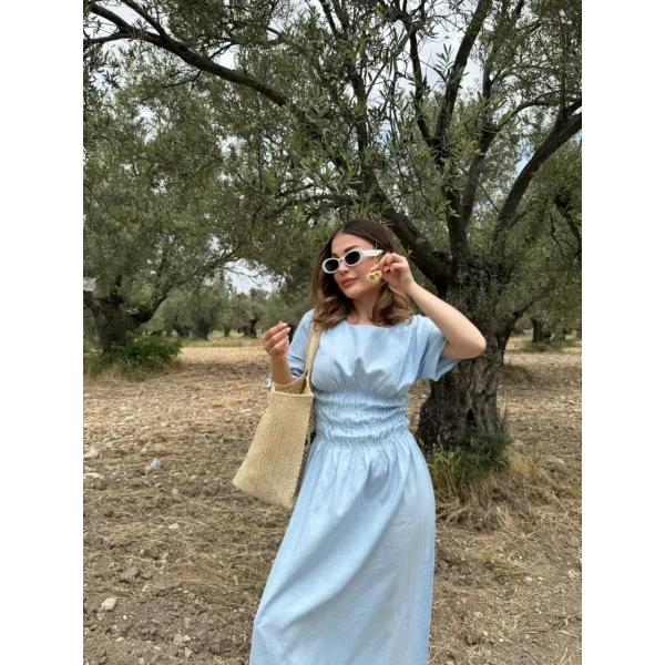 Kadın Keten Kısa Kollu uzun Elbise - Bebek Mavisi