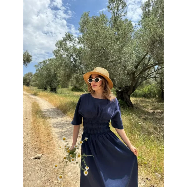 Kadın Keten Kısa Kollu uzun  Elbise - Lacivert