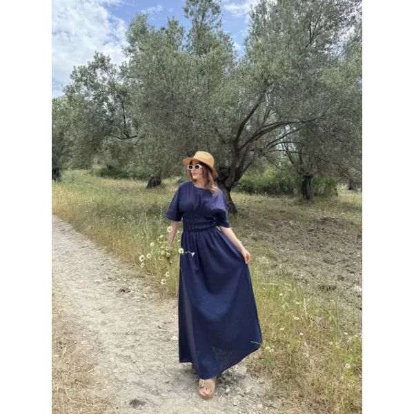 Kadın Keten Kısa Kollu uzun  Elbise - Lacivert
