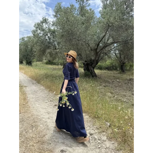 Kadın Keten Kısa Kollu uzun  Elbise - Lacivert