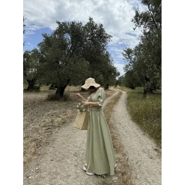 Kadın Keten Kısa Kollu uzun Elbise - Mint Yeşili