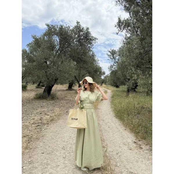 Kadın Keten Kısa Kollu uzun Elbise - Mint Yeşili