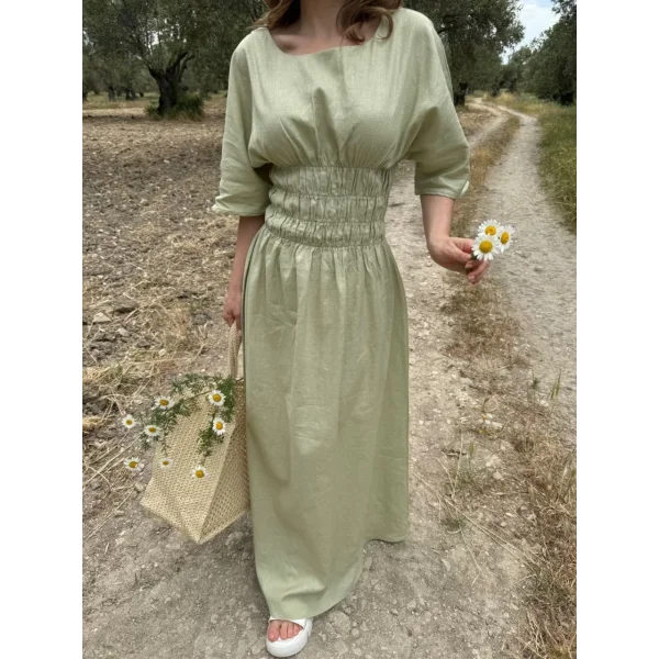 Kadın Keten Kısa Kollu uzun Elbise - Mint Yeşili