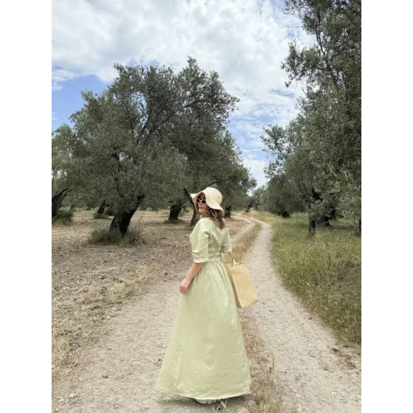 Kadın Keten Kısa Kollu uzun Elbise - Mint Yeşili