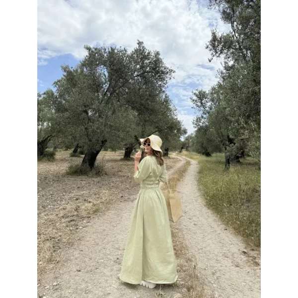 Kadın Keten Kısa Kollu uzun Elbise - Mint Yeşili