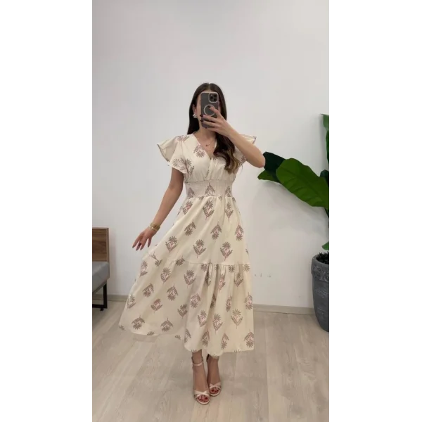 Kadın Keten Kumaş Beli Gipeli V Yaka Maxi Boy Elbise